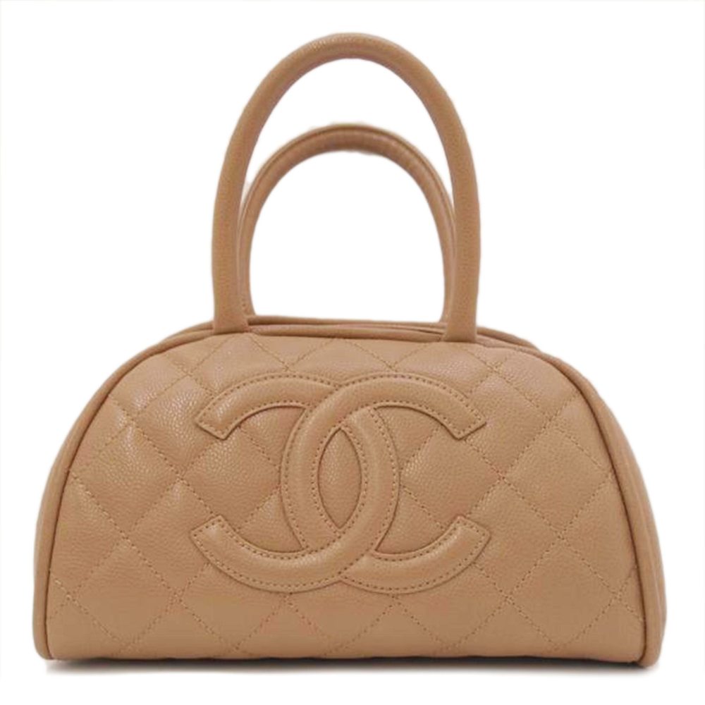 CHANEL Big Coco Leather Matelasse Caviar Skin Mini Boston Bag Beige
